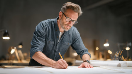 A dedicated architect carefully sketches construction plans during a late evening in a bright studio, showcasing his focus and creativity in design work.の素材