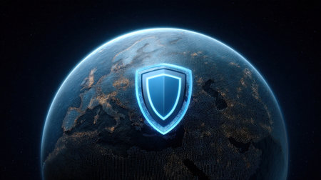 A captivating digital artwork featuring a glowing shield over a globe, symbolizing cybersecurity and protection across Europe in a modern, high-tech style.の素材