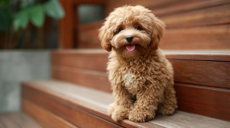 A cute dog sits happily on wooden steps, radiating warmth in a cozy home. Surrounded by natural elements, the scene captures joy and tranquility in a charming indoor space.の素材