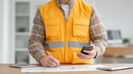A construction worker dressed in a bright safety vest inspects blueprints on a table, using a smartphone and taking notes in a modern office setting.の素材
