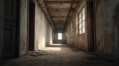 Explore an eerie industrial hallway filled with flickering light, showcasing broken walls and a haunting atmosphere. Ideal for capturing decay and solitude.の素材