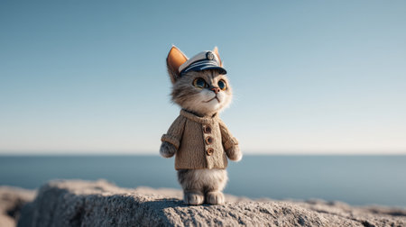 A charming cat wearing a navy hat stands proudly on a seaside cliff, capturing the essence of adventure and serenity against a clear blue sky.の素材