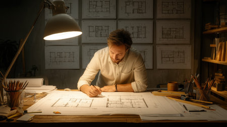 An architect focused on reviewing detailed floor plans in a modern workspace illuminated by warm lamp light, showcasing creativity and planning for building projects.の素材