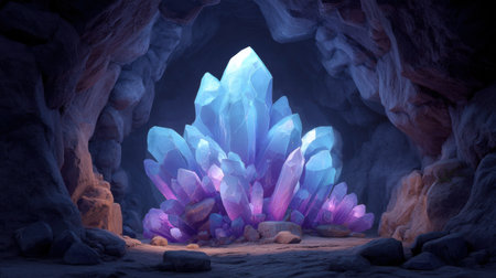 Discover a stunning display of radiant crystals emitting vibrant light within a dark rocky cave, creating a magical and enchanting atmosphere ideal for fantasy themes.の素材
