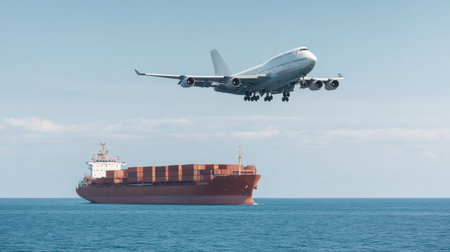 A stunning visual of a cargo ship sailing through calm ocean waters under the flight path of an airplane. This image captures the essence of multimodal transport in action.の素材