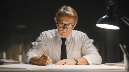 A dedicated designer works late into the night under the soft glow of a desk lamp, concentrating on a detailed blueprint, embodying creativity and professionalism.の素材