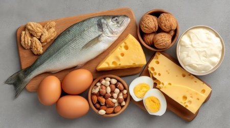 A visually appealing arrangement of fresh food items, including fish, eggs, cheese, and various nuts, showcases nutrition and culinary delights for healthy eating.の素材