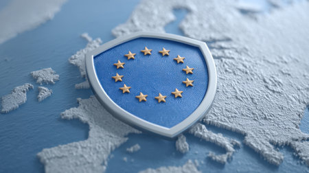 This high-quality render showcases a protective shield icon with stars, symbolizing Europe. Perfect for digital projects related to geography, security, and branding.の素材