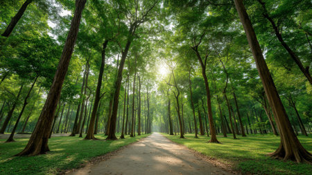 A serene pathway meanders through a lush forest, with sunlight filtering through the vibrant green canopy, creating a peaceful and inviting atmosphere for nature lovers.の素材