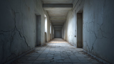 Explore an eerie hallway with cracked concrete walls, dimly lit and stretching into the shadows, creating an atmosphere of mystery and desolation.の素材