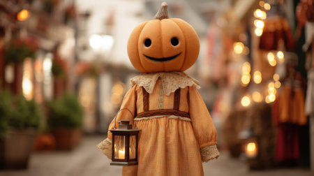 Captivating costumed pumpkin figure holding a lantern casts a warm glow in a festive street, capturing the essence of autumn and holiday spirit beautifully.の素材