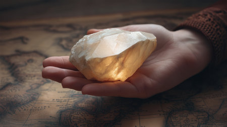 A captivating image featuring a prism in a woman's hand, with golden light illuminating its facets, set against a vintage map, evoking a sense of exploration and beauty.の素材