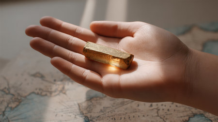 A captivating image of a golden prism resting in a woman's hand, illuminating the intricate beauty of broken light reflections in a serene setting.の素材