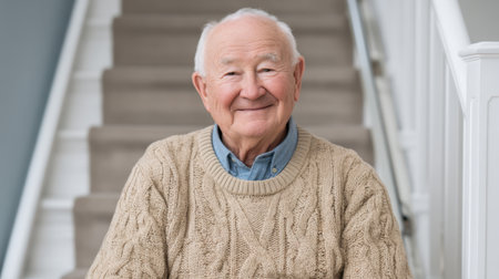 A cheerful retiree sits comfortably on a stair lift, radiating joy and contentment in a cozy home setting. This image captures the essence of relaxed, happy living.の素材