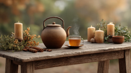 A rustic outdoor table features a teapot, a steaming cup of tea, cinnamon sticks, and glowing candles, creating a serene and inviting autumn atmosphere perfect for relaxation.の素材