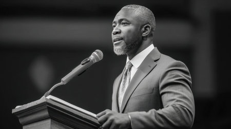 A man stands at a podium, delivering a heartfelt message during a formal event. The black and white tone emphasizes his expression and the importance of the moment.の素材