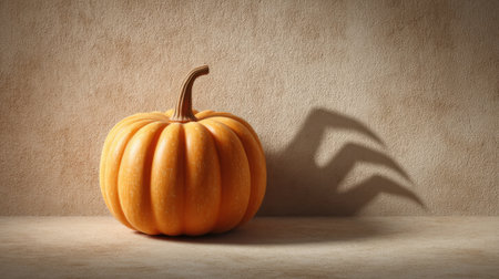 A vibrant pumpkin bathed in warm sunlight projects an eerie claw-like shadow on a textured surface, creating a haunting mood perfect for seasonalの素材