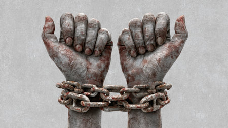 Powerful artwork depicting chained hands breaking free, representing themes of liberation, resilience, and the enduring human spirit amidst struggle and captivity.の素材