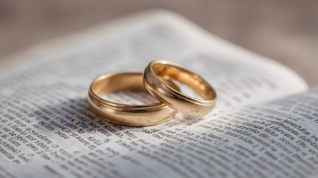 A pair of elegant gold wedding bands placed gently on an open Bible, surrounded by soft sunlight. This image captures the essence of love, faith, and commitment.の素材