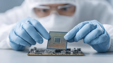 A technician in a protective suit carefully assembles a microchip onto a printed circuit board, showcasing precision and innovation in modern electronics manufacturing.の素材