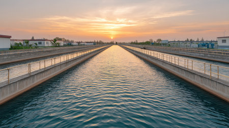 Stunning aerial view of a wastewater treatment system during sunset. Water reflects the orange sky while showcasing the facility's infrastructure and design.の素材