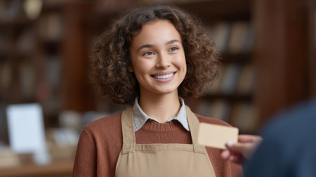 A cheerful librarian assists a patron by handing over a library card in a welcoming and cozy library setting, highlighting a friendly service interaction.の素材