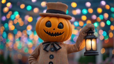 A whimsical Halloween character with a pumpkin head joyfully holds a glowing lantern amidst a backdrop of vibrant colored lights, creating a festive atmosphere.の素材