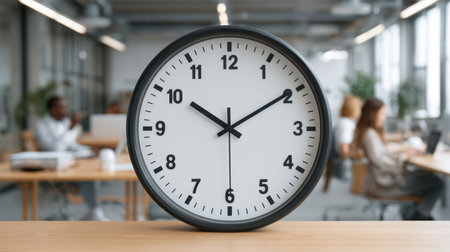 A modern office interior showcasing a sleek wall clock overseeing employees engaged at their desks, reflecting a productive and collaborative work atmosphere.の素材