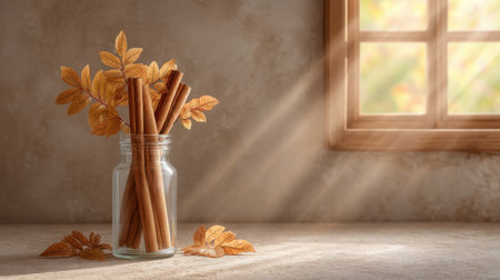 A serene still life featuring cinnamon sticks arranged in a jar, positioned near a window. The soft light enhances the cozy autumn atmosphere, perfect for seasonal decor.の素材