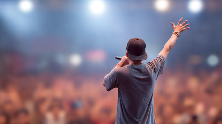 A talented hip hop artist captivates the audience on stage, showcasing vibrant energy and interaction. The atmosphere is electric, defined by striking lighting effects.の素材