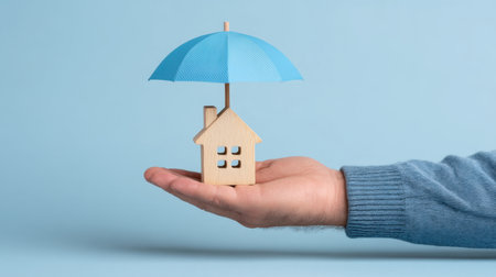 A man holds a small house with a blue umbrella in his palm, symbolizing protection and safety for homes. The minimalist design highlights a creative and cheerful concept.の素材