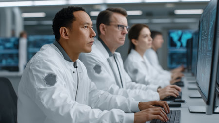 A group of experts engaged in analyzing AI generated threats in a modern command center, utilizing advanced technology for critical decision-making and strategic response.の素材
