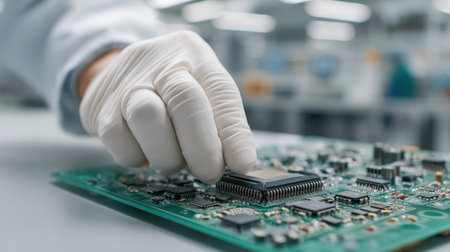 A technician examines a circuit board in a bright laboratory, carefully placing a component on the surface. Precision and quality are essential in electronics assembly.の素材