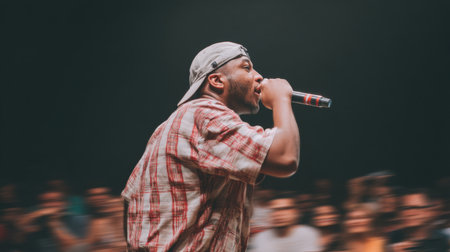 Experience the energy of a live rap performance featuring an artist commanding the stage, engaging the audience with passion and creativity in an exciting atmosphere.の素材