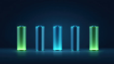 This image showcases glowing battery cells illuminated in vibrant blue and green tones against a dark background, perfect for technology and energy themes.の素材