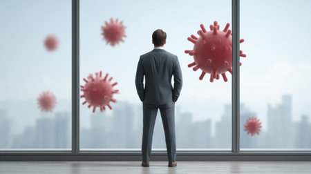 A professional man in a suit observes viral representations through large office windows, highlighting the impact and awareness of health risks in a corporate environment.の素材