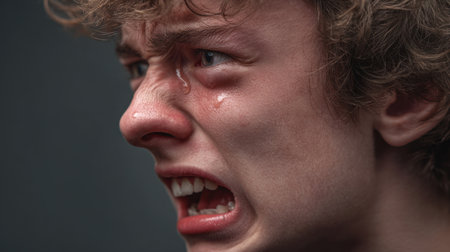 This powerful portrait captures the anguish of a young person, tears highlighting their expression. The close-up enhances the emotional intensity, showcasing raw human feelings.の素材