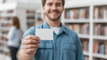 A friendly librarian presents a membership card to a smiling visitor in a welcoming library environment filled with books, promoting access to resources and community engagement.の素材