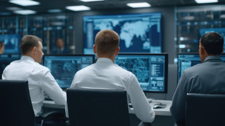 A group of defense analysts observe AI simulations in a cybersecurity operations center, utilizing advanced technology to monitor global hacking threats and data security.の素材