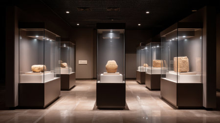 This image showcases ancient relics displayed in a modern museum exhibit, featuring soft lighting and glass enclosures that highlight the artistry and history of these artifacts.の素材