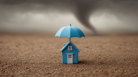 A blue house stands resilient beneath an umbrella in a stormy scene, symbolizing safety and protection against nature's fury in this artistic representation.の素材