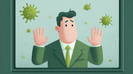 A modern graphic of a stressed businessman observing a viral outbreak, capturing emotions of anxiety and concern in a unique and engaging design style.の素材
