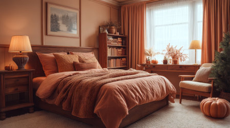 Discover a cozy bedroom filled with rich cinnamon aromas and soft orange tones, inviting relaxation and comfort. Perfect for creating a tranquil indoor atmosphere.の素材