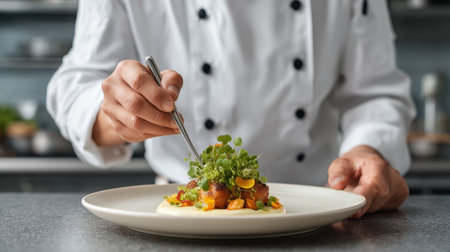 A skilled chef meticulously garnishes a beautifully plated dish with fresh herbs in a contemporary kitchen, capturing the essence of culinary artistry and professionalism.の素材