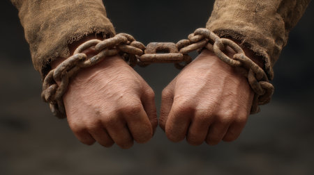 A dramatic close-up image showcasing aged manacles linked to wrists, illuminated by striking lighting that enhances the emotional depth and texture of captivity.の素材