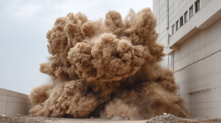 Captivating image capturing the moment of a controlled demolition. Dust erupts as a wall collapses, showcasing the power of engineering in urban environments.の素材