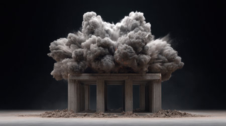 A powerful visual representation of energy as a dust eruption creates a dramatic shockwave effect above a concrete structure against a dark backdrop.の素材