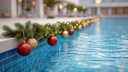 This enchanting image captures a stunning pool adorned with Christmas garland and ornaments, creating a festive and serene atmosphere perfect for the holiday season.の素材