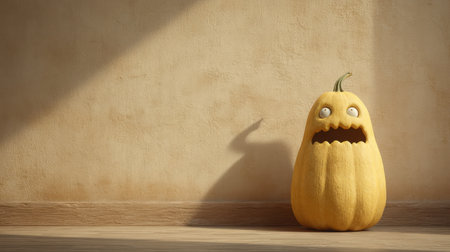 A whimsical pumpkin with a fun expression creates a playful atmosphere under sunlight, casting an intriguing shadow on the minimalist background.の素材