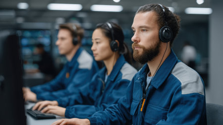 A dedicated security team in a modern control room, utilizing AI predictive models to enhance protection and safety through real-time monitoring and communication.の素材